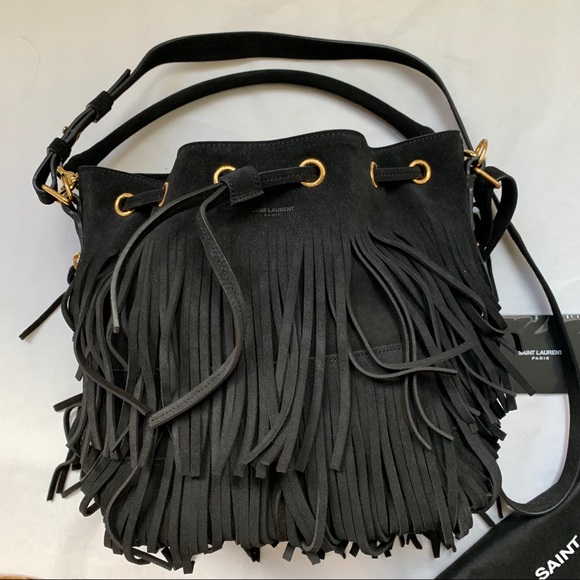 Saint Laurent Black Suede Fringed Bucket Bag - Picture 2 of 8